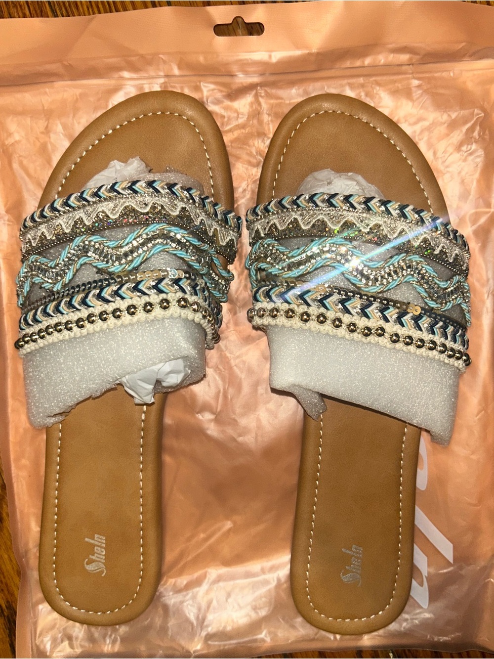 Embellished Braided Slide Sandals - Tan with Turquoise Accents
